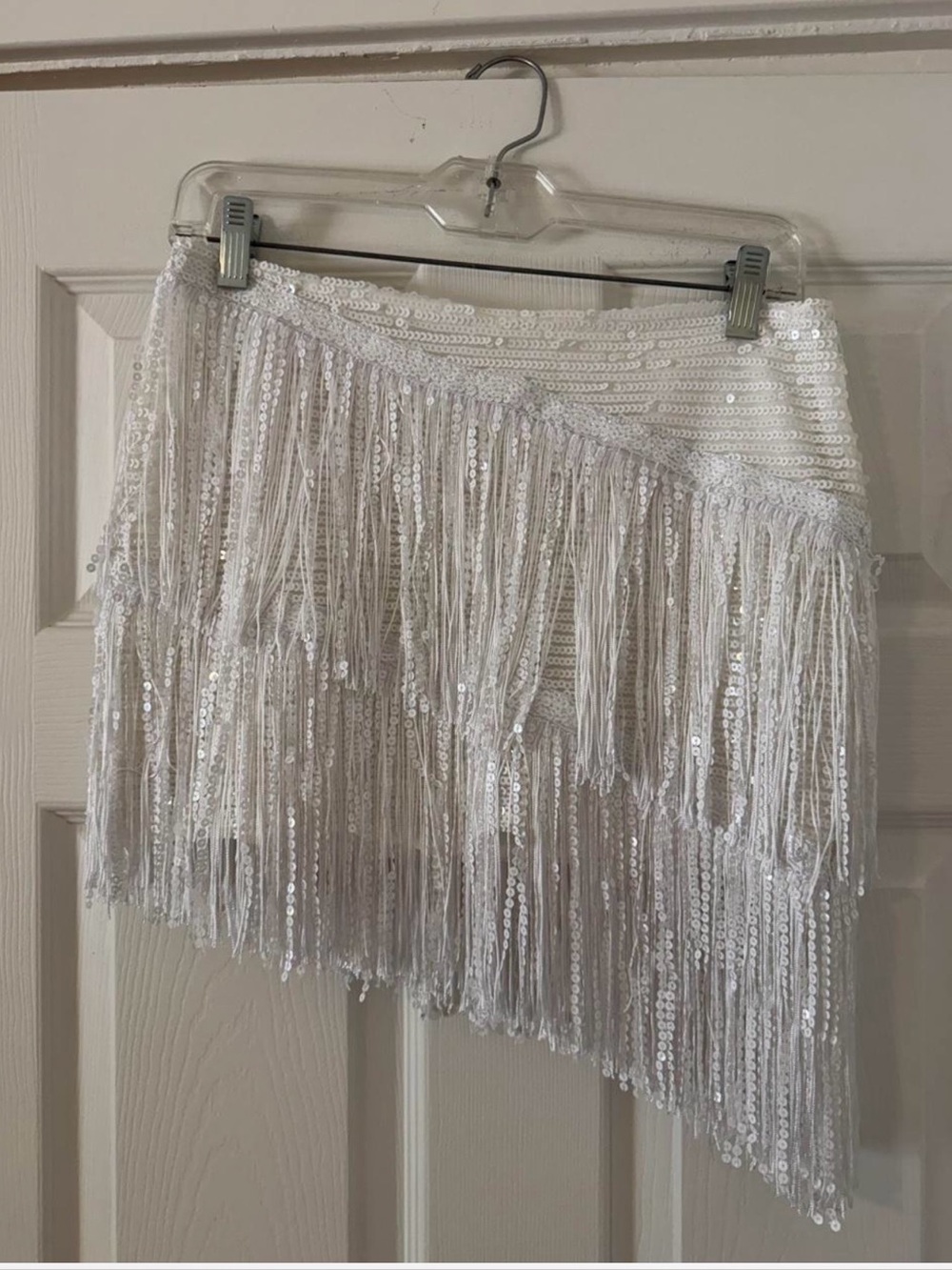 superdown White Sequin Fringe Asymmetrical Mini Skirt